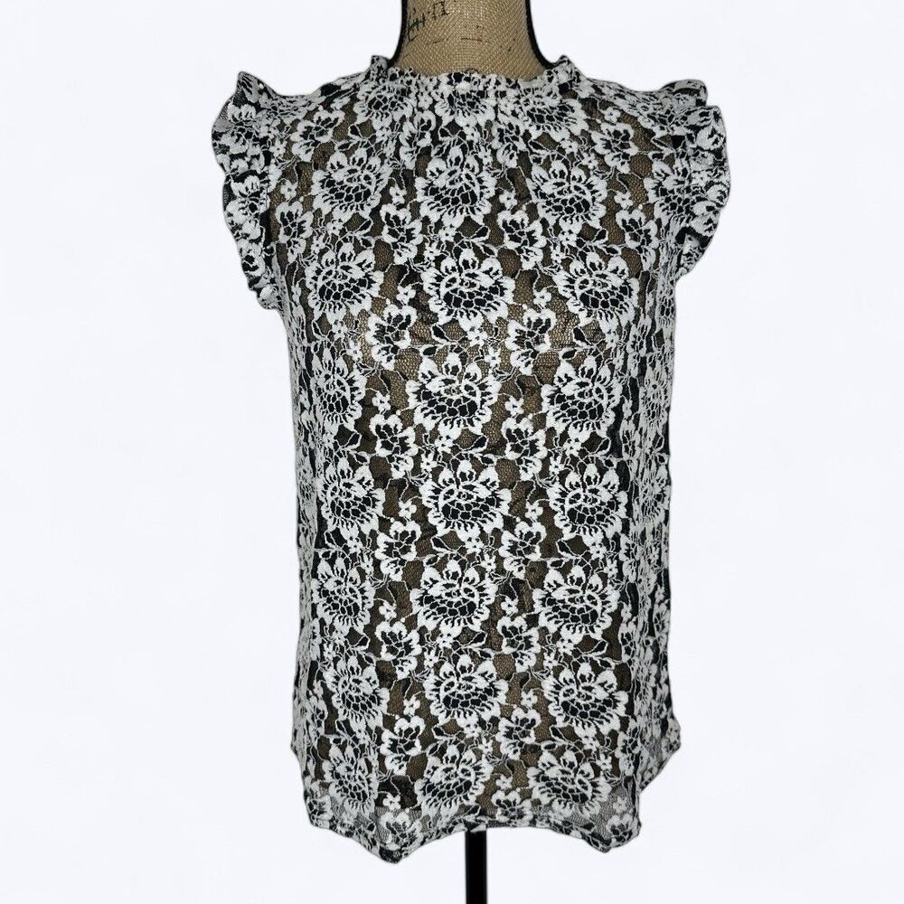 Black White Floral Mesh Lace Top Sz S? Ruffle Neck Sleeve Boho Dark Romantic